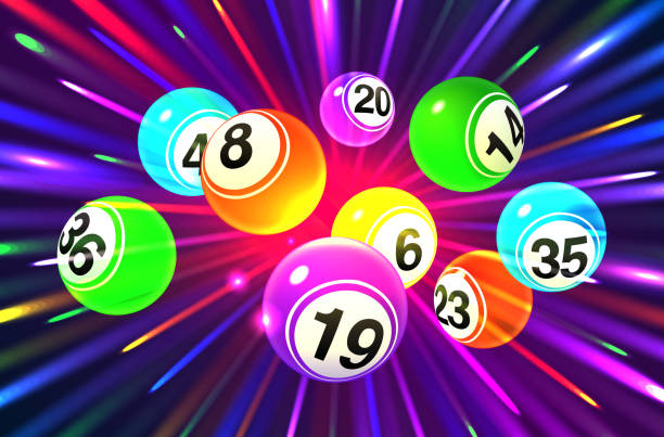 illustrazioni stock, clip art, cartoni animati e icone di tendenza di palle di bingo colorate vettoriali su uno sfondo viola scuro esplodente - tombola