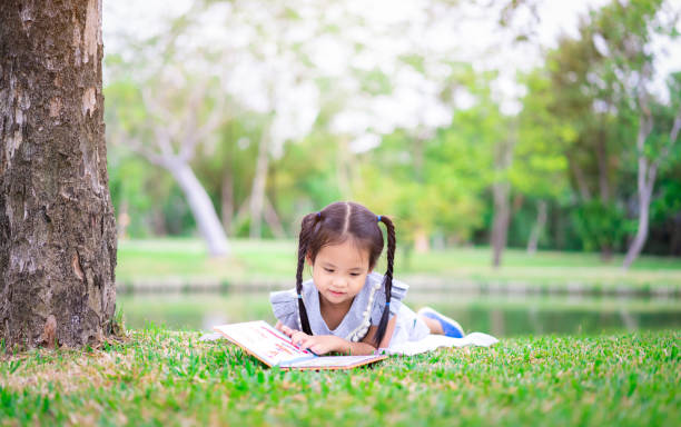 istock cute little girl  reading a book while lying in the park 1141453489