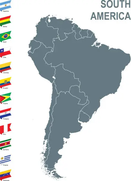 Vector illustration of Grey map of South America with flag against white background