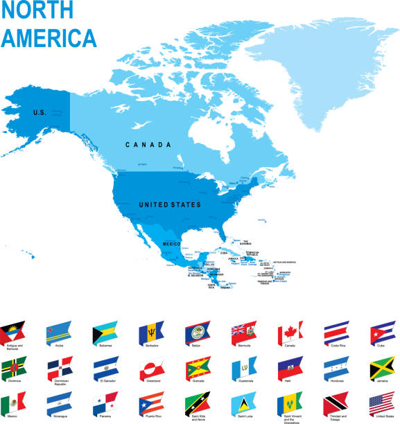 blaue karte von nordamerika mit flagge vor weißem hintergrund - barbados flag illustrations stock-grafiken, -clipart, -cartoons und -symbole