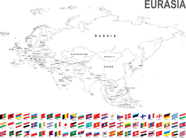 White map of Eurasia with flag against white background White map of Eurasia with flag against white background. The url of the reference to political map is: http://www.lib.utexas.edu/maps/world_maps/united_states_foreign_service_posts-september_2011.pdf eurasia stock illustrations