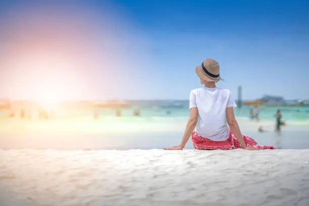 Photo of Girl tourist traveling on sea in Pattaya island in Thailand on summer time