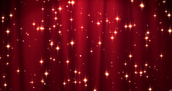Magical Merry Christmas background with red stage curtain cloth and golden falling stars . Luxury walpaper for the day of St. Valentine, New Year, Unniversary celebation and Wedding ceremony. Backdrop for theater, opera, show, stage scenes.