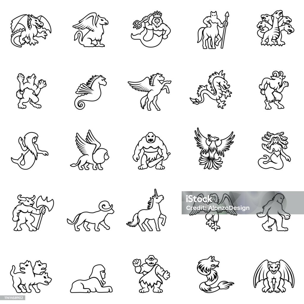 Mythical Creature Icon Set Set of mythical creature icons Icon Symbol stock vector