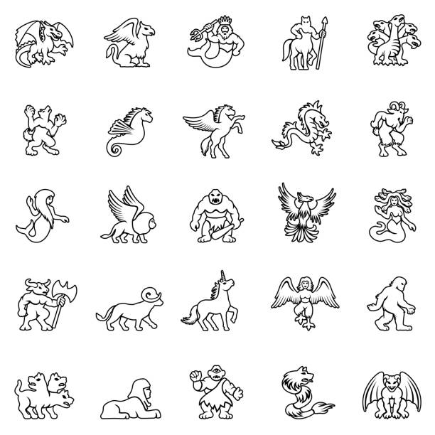 Mythical Creature Icon Set Set of mythical creature icons gargoyle stock illustrations