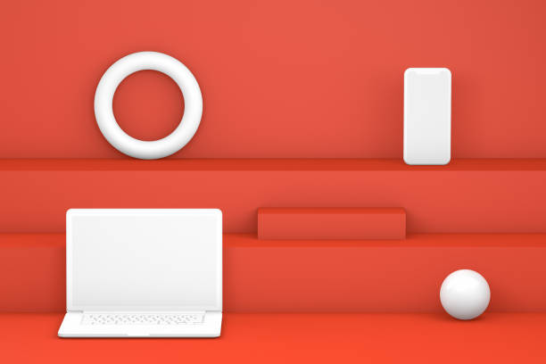 istock White Laptop and Smart Phone on Red Staircase, Podium, 3D Minimal Design 1141460020