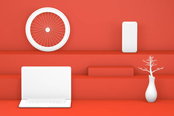 istock White Laptop and Smart Phone on Red Staircase, Podium, 3D Minimal Design 1141460186