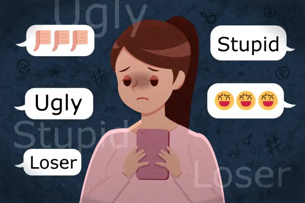 Vector illustration of sad girl getting cyber bullying