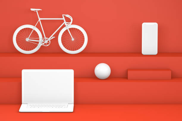 White Laptop and Smart Phone on Red Staircase, Podium, 3D Minimal Design