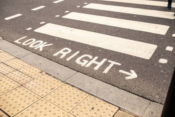 Warning sign on pedestrian crossing in London, written on asphalt, high angle view