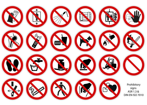 ilustrações, clipart, desenhos animados e ícones de coleção do sinal de prohibitory din 7010 vetor isolado no fundo branco - 7010