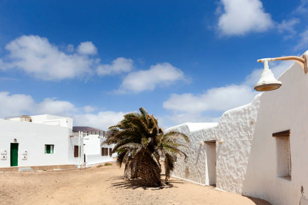 istock Empty street with sand and white houses and a palm tree 1141460853