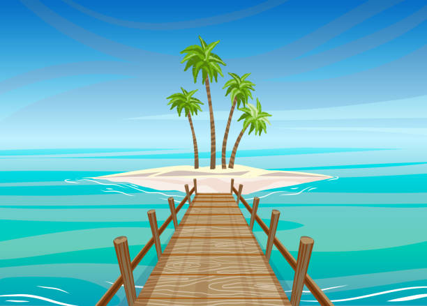 istock Tropical island in ocean with wooden bridge, 1141462333