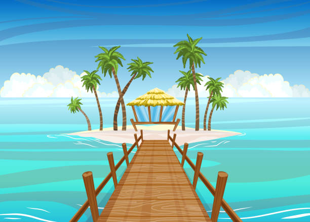istock Idealistic tropical island, wooden bridge to the bungalow house 1141463744