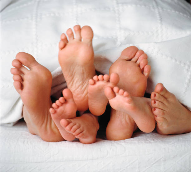 feet of a familiy under blanket stock photo