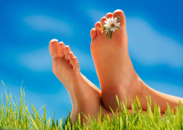 Photo of feet with flower between toes