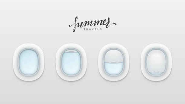 istock Summer travels design banners. Realistic portholes of airplane. White window aircraft vector illustration. 1141467800