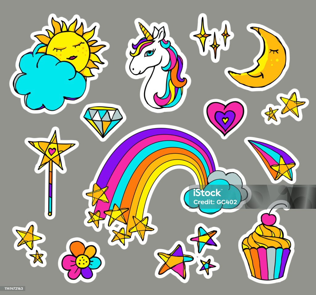 Cute magic set with unicorn, cake, rainbow, sun, moon, clouds, stars Cute magic set with unicorn, cake, rainbow, sun, moon, clouds, stars and other elements. Vector illustration isolated on grey background. Collection of stickers in cartoon doodle style for girls Sticker stock vector