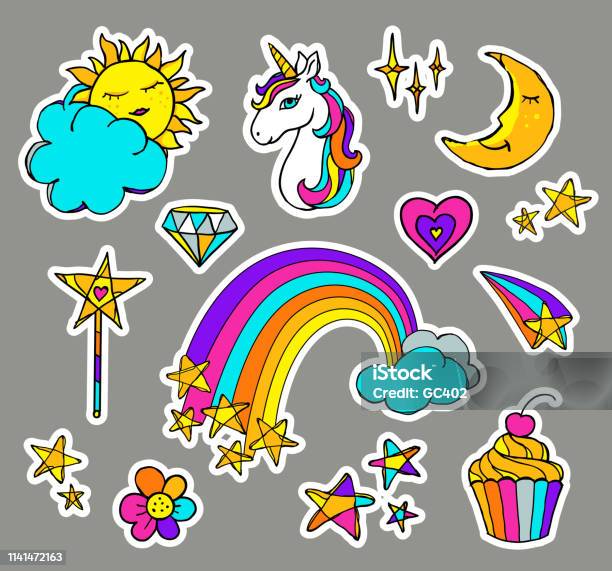 Cute Magic Set With Unicorn Cake Rainbow Sun Moon Clouds Stars Stock Illustration - Download Image Now