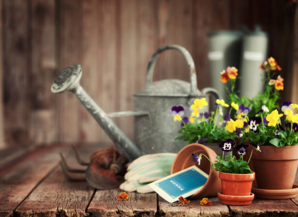 Vintage gardening tools and flowers against a defocused floral and rustic wood background.