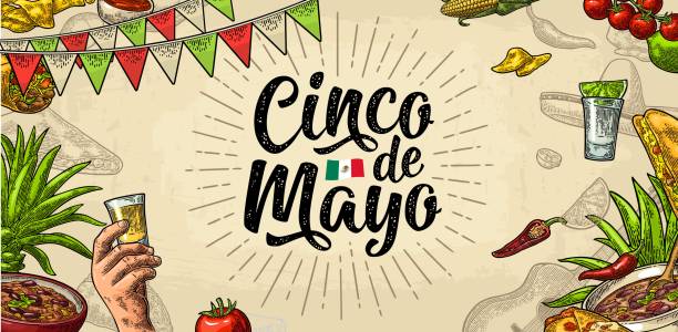 illustrations, cliparts, dessins animés et icônes de lettrage de cinco de mayo et cuisine traditionnelle mexicaine. gravure vectorielle - white tomato backgrounds vegetable