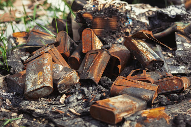 istock Burnt old rusty cans thrown away in the forest 1141479466