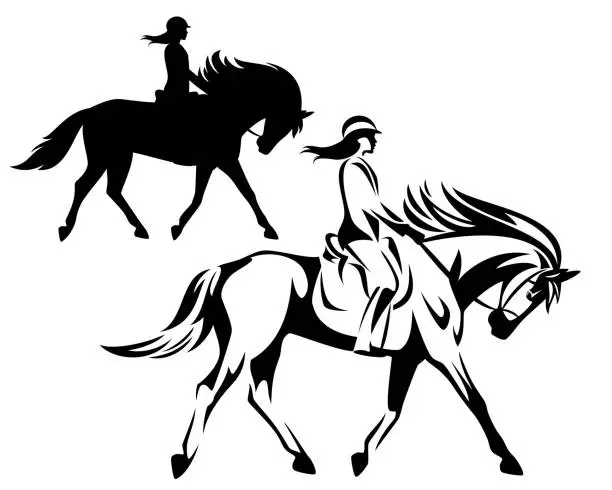 Vector illustration of woman riding horse black vector outline and silhouette