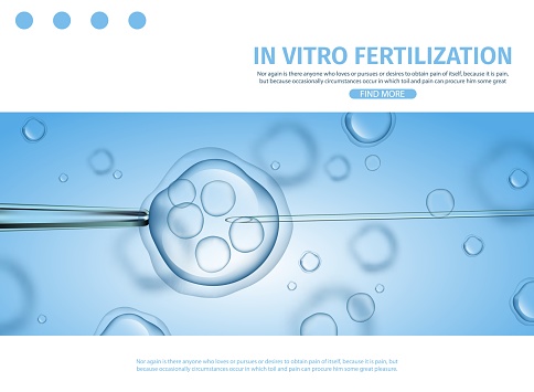 In Vitro Fertilization Horizontal Banner. Human Fertilized Egg in Laboratory Petri Dish. Artificial Insemination ICSI Ovum Cell with Needle and Sperm. IVF. Vector Realistic Illustration, Copy Space.
