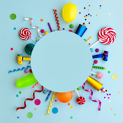 Colorful birthday party flat lay background with copyspace