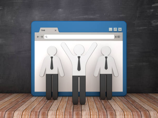 istock Web Browser with Pictogram Business People on Chalkboard Background  - 3D Rendering 1141482717