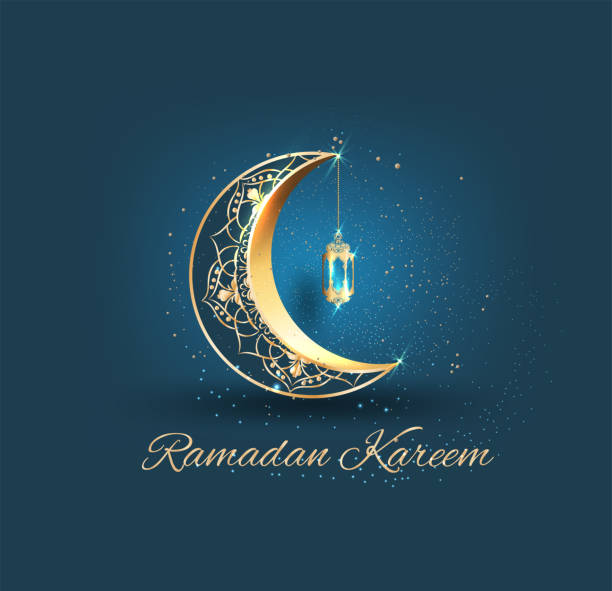 ramadan kareem mit goldverziertem halbmond und islamischer linie moschee-kuppel mit klassischem muster und laternen-grußkarte islamischen feier hintergrund für grafik-design - ramadan stock-grafiken, -clipart, -cartoons und -symbole