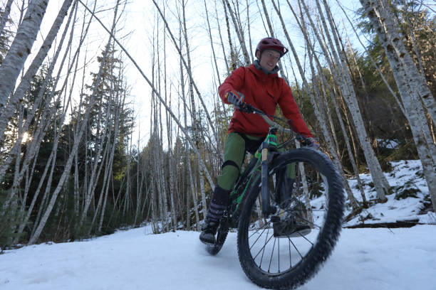 istock Male mountain biker descends snowy track 1141485048