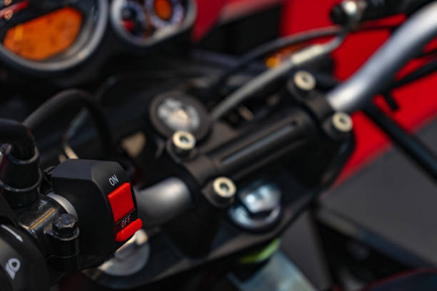 istock Motorcycle handlebar start stop system. Close up detail of racing motorcycle handlebar. Selective focus for background. Motorsport background concept. 1141486093