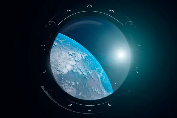 A view of the Earth from through the porthole of a spaceship. International space station is orbiting the Earth. 3D illustration.