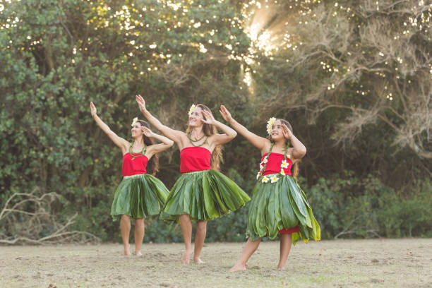 外で演奏する3人のフラダンサー - hula dancing ストックフォトと画像