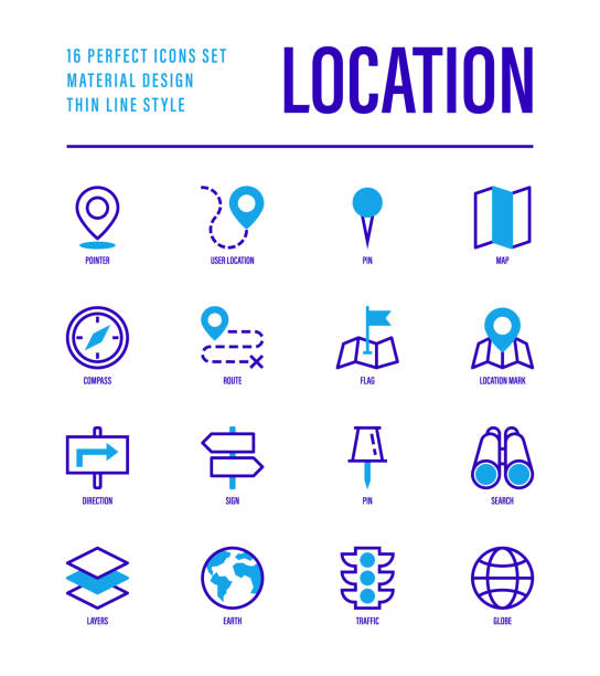 Location and navigation set. Pointer, pin, folded map, compass, route, flag, direction, search, traffic light, globe. Vector illustration. vector art illustration