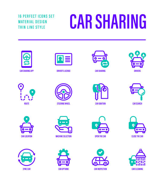 Car sharing set. Mobile app on smartphone, driver license, route, key, car inspection, route, open and close car, sync thin line icons. Vector illustration. Car sharing set. Mobile app on smartphone, driver license, route, key, car inspection, route, open and close car, sync thin line icons. Vector illustration. uber driver stock illustrations
