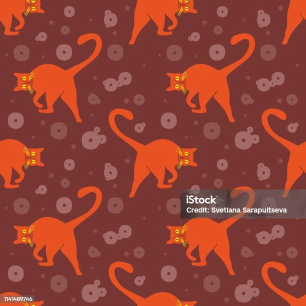 Seamless Pattern Funny Orange Cats In Everyday Poses Playing In Brown Space Stock Illustration - Download Image Now