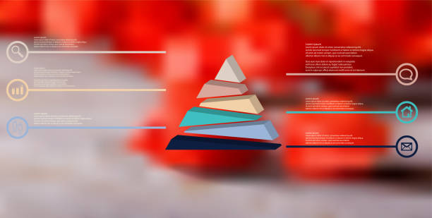 istock 3D illustration infographic template. The embossed triangle is randomly divided to six color shifted parts. Object is arranged on blurred photo. Lines with signs in circles are on sides. 1141495257