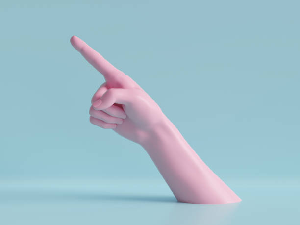 istock 3d render, female hand isolated, finger up, pointing gesture, direction symbol, shop display, minimal fashion background, mannequin body part, show, presentation, pink blue pastel colors 1141495562