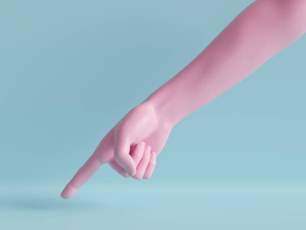 istock 3d render, female hand isolated, finger down, pointing gesture, direction symbol, shop display, minimal fashion background, mannequin body part, show, presentation, pink blue pastel colors 1141495585