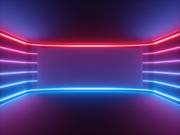 istock 3d render, red blue neon light, glowing lines, blank horizontal screen, ultraviolet spectrum, empty room, abstract background 1141495714