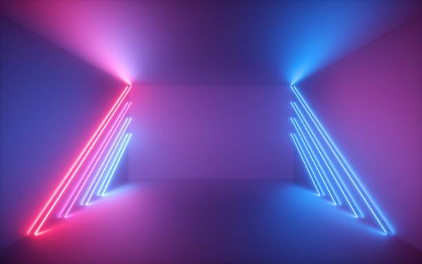 istock 3d render, pink blue neon lines, illuminated empty room, virtual space, ultraviolet light, 80's retro style, fashion show stage, abstract background 1141495798