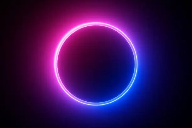 Photo of 3d render, blue pink neon round frame, circle, ring shape, empty space, ultraviolet light, 80's retro style, fashion show stage, abstract background