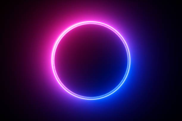 render 3d, niebieskoróżowy neon okrągła ramka, okrąg, kształt pierścienia, pusta przestrzeń, światło ultrafioletowe, styl retro lat 80-tych, scena pokazu mody, abstrakcyjne tło - neon light zdjęcia i obrazy z banku zdjęć