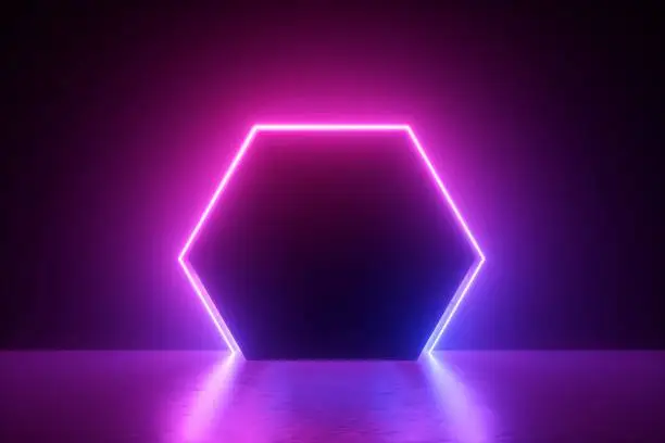 Photo of 3d render, blue pink neon hexagonal frame, hexagon shape, empty space, ultraviolet light, 80's retro style, fashion show stage, abstract background
