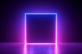 3d render, blue pink neon square frame, empty space, ultraviolet light, 80's retro style, fashion show stage, abstract background