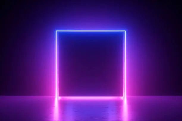 3d render, blue pink neon square frame, empty space, ultraviolet light, 80's retro style, fashion show stage, abstract background