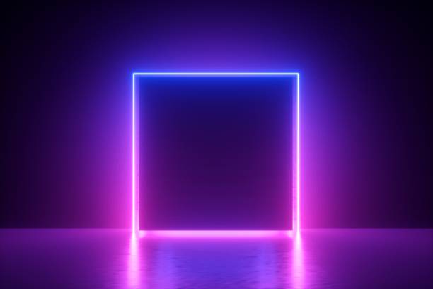 3d 渲染, 藍色粉紅色霓虹燈方塊框架, 空白空間, 紫外線, 80年代的復古風格, 時裝秀舞臺, 抽象的背景 - 方形 個照片及圖片檔