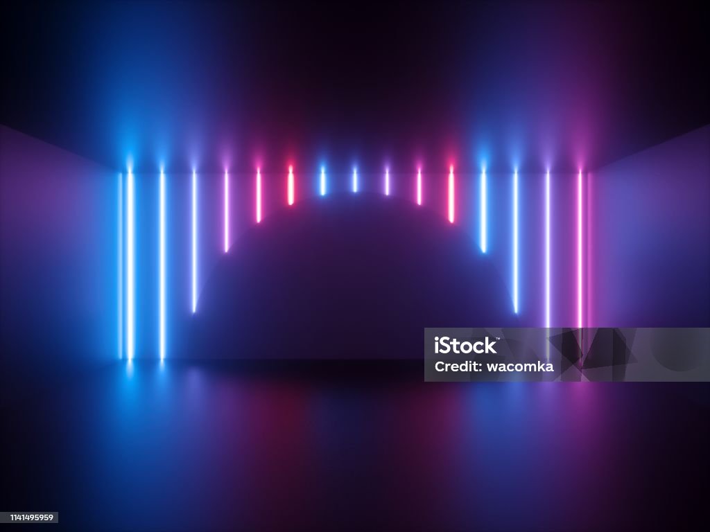 3d Rendering, rosafarbenes Neonlicht, senkrecht leuchtende Linien, runde Form, ultraviolettes Spektrum, Showbühne, abstrakter Hintergrund - Lizenzfrei Arkade Stock-Foto